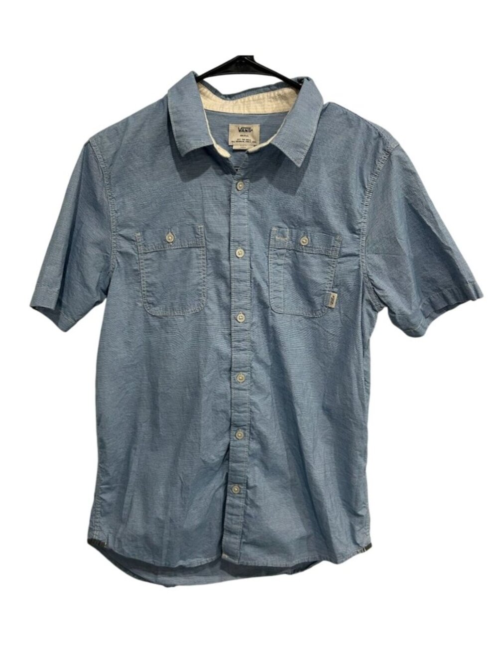 Vans Small Mens Blue Short Sleeve Button Up Shirt Dual Chest Pockets Retro